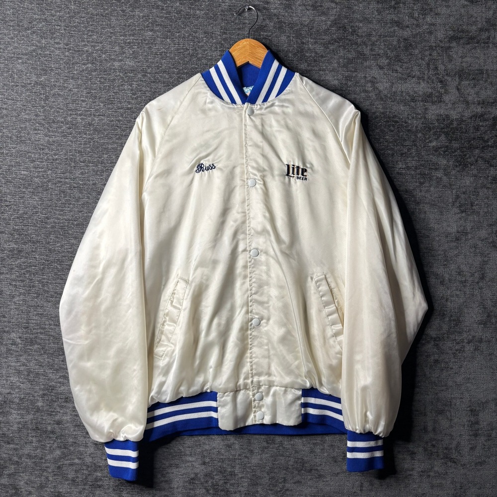 Vintage Westark Miller Lite Beer Satin Varsity Jacket White Texas Mens Large